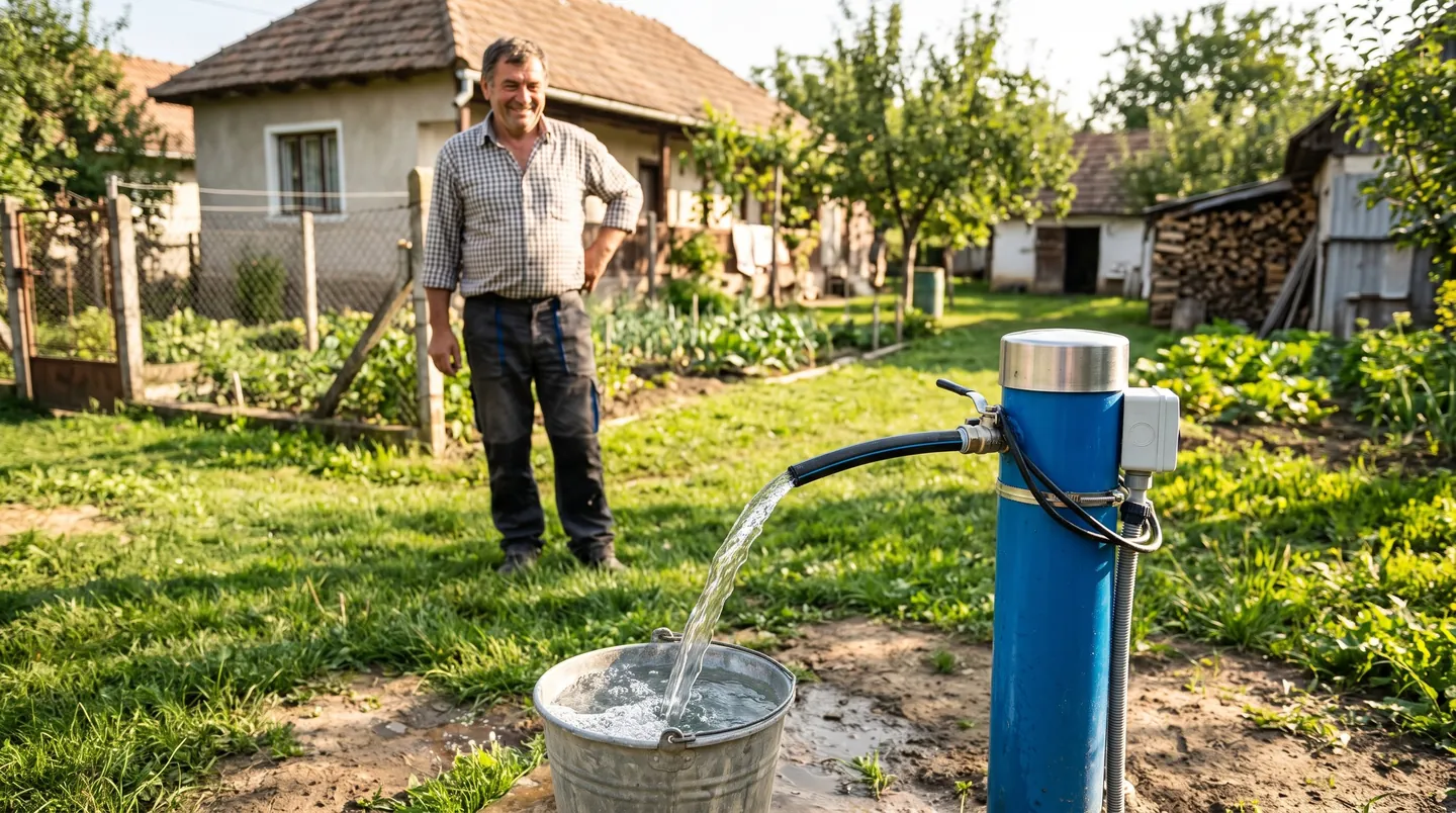 Un om în curtea casei, lângă un puț forat, cu apă curgând dintr-un furtun într-o găleată